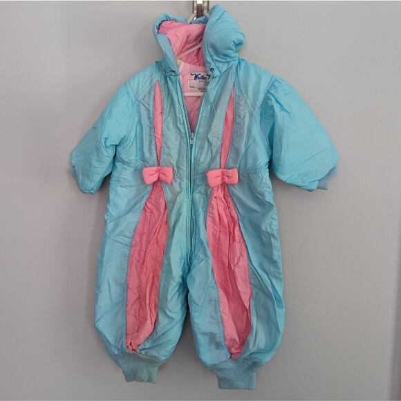 Vintage Girls Toddler Weather Tamer 18 Month Blue and Pink Baby Snowsuit 1980s - Picture 1 of 5